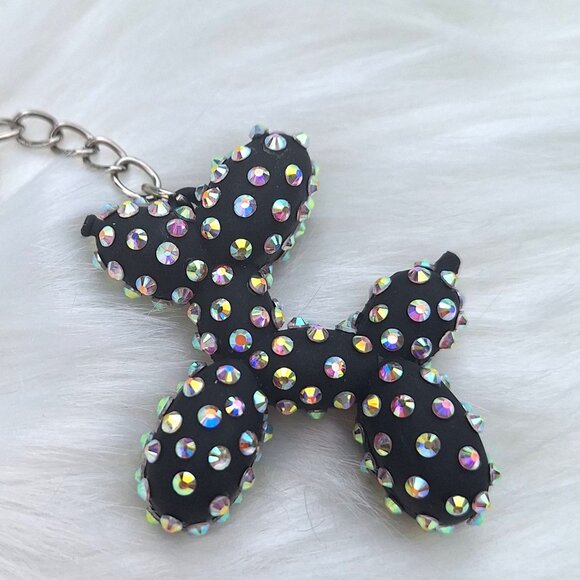 Bedazzled Balloon Dog Keychain, Black with Iridescent Stones - Picture 4 of 5